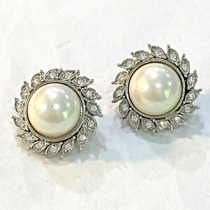 Mid Century Silver & Faux Pearl Clip On Earrings White Rhinestones Classic Look